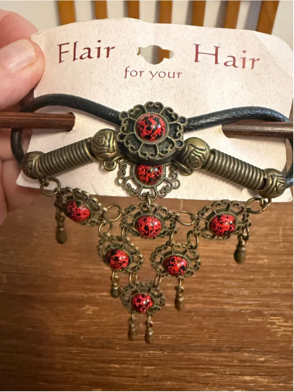 Vintage Flair For Your Hair Red Cabochon Hair Stick Antique Brass Tone Dangle Ha